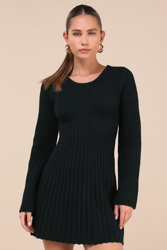 Convincing Poise Dark Green Ribbed Long Sleeve Skater Mini Dress product image