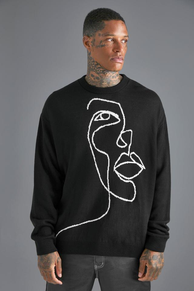 Mens Black Oversized Scribble Face Knitted Jumper, Black Product Image