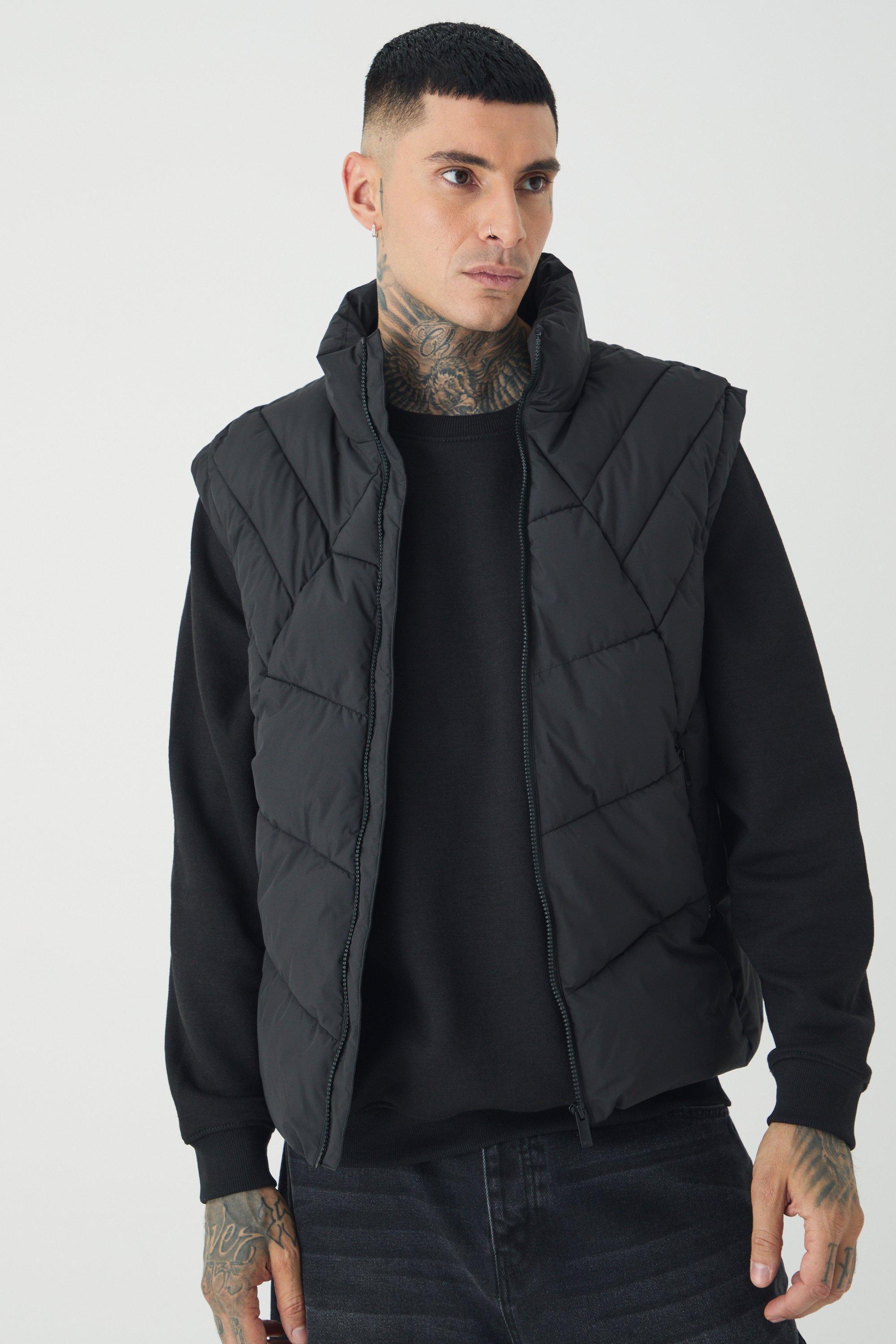 Tall Abstract Quilted Funnel Neck Vest In Black | boohooMAN USA Product Image