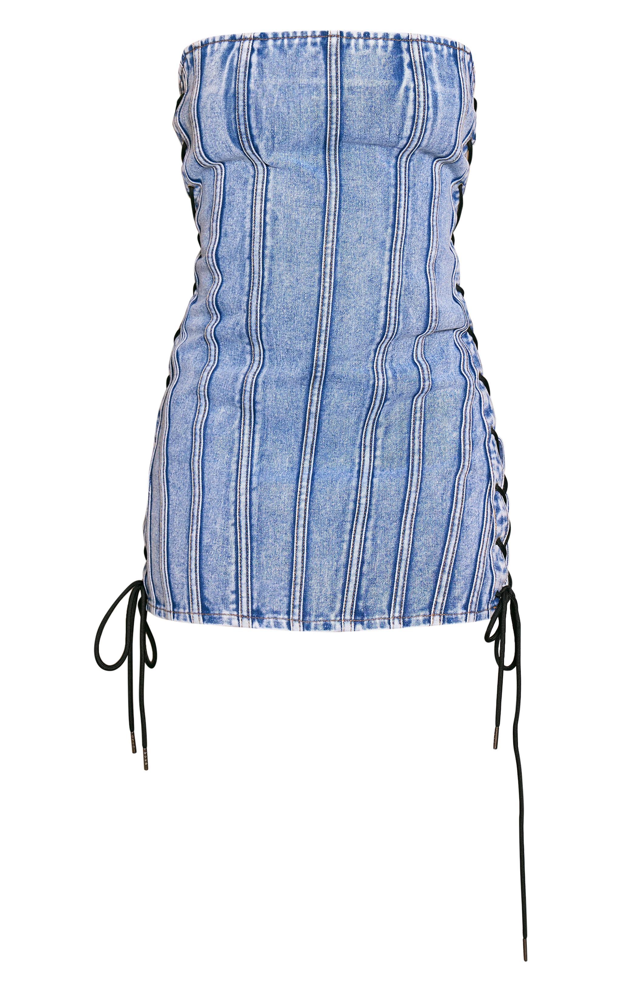 Mid Blue Wash Lace Up Detail Denim Mini Dress Product Image