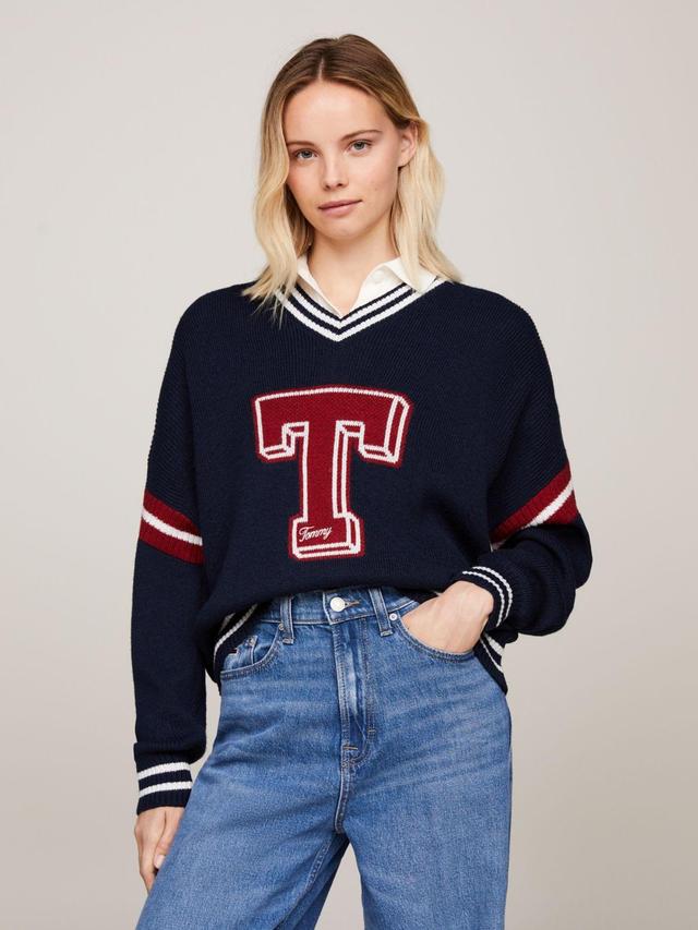 Tommy Hilfiger Women's Oversized Fit V-Neck Letterman Sweater Product Image