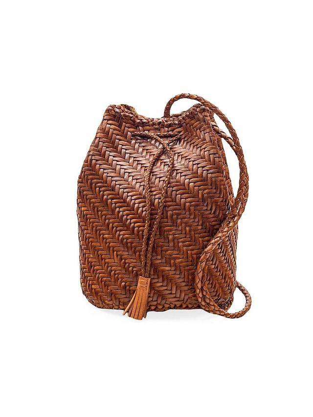 Womens Pom Pom Woven Leather Bucket Bag Product Image