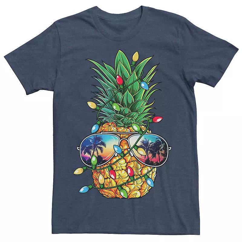 Mens Christmas Lights Pineapple Sunglasses Sunset Graphic Tee Navy Grey Product Image