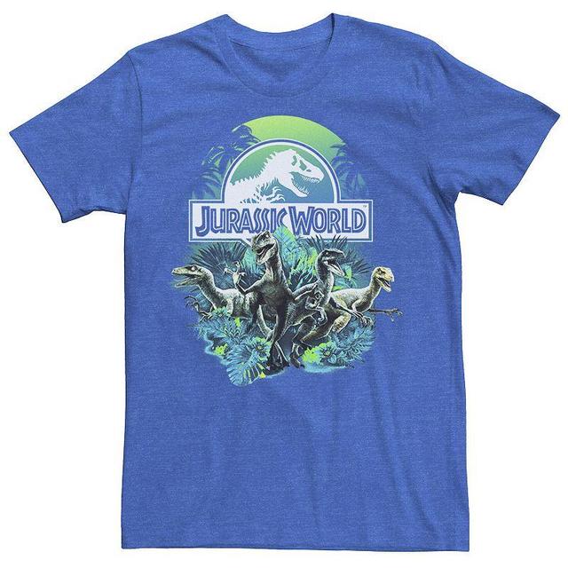 Mens Jurassic World Blue Green Jungle Velociraptor Attack Graphic Tee Navy Grey Product Image