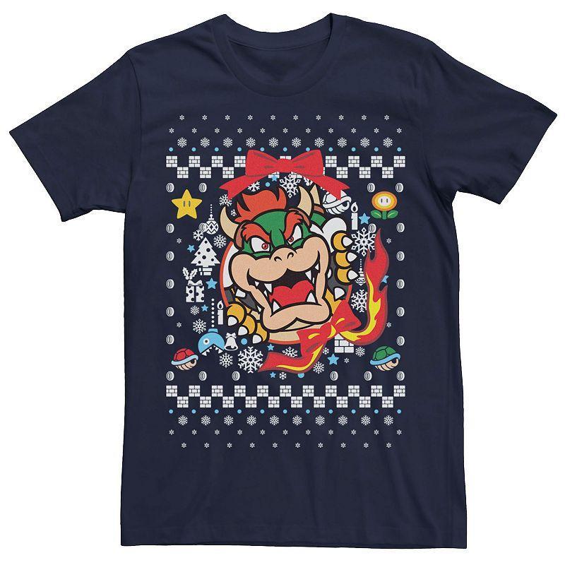 Mens Nintendo Super Mario Bowser Classic Ugly Christmas Graphic Tee Blue Product Image