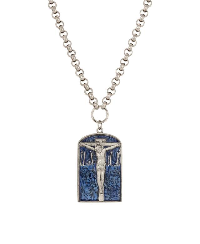 Symbols of Faith Silver Tone Blue Enamel Crucifix 22+3 Adjustable Necklace, Womens Product Image