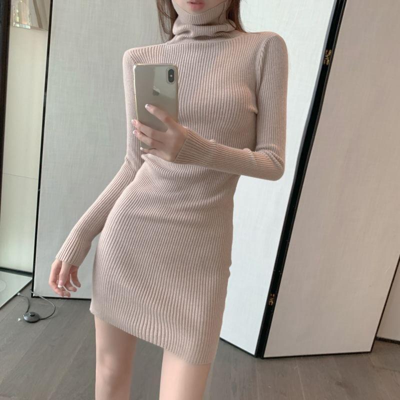 Long Sleeve Turtleneck Plain Ribbed Knit Bodycon Mini Dress Product Image