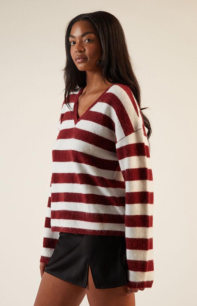 Women's Striped V-Neck Sweater in Red/White - Product Image