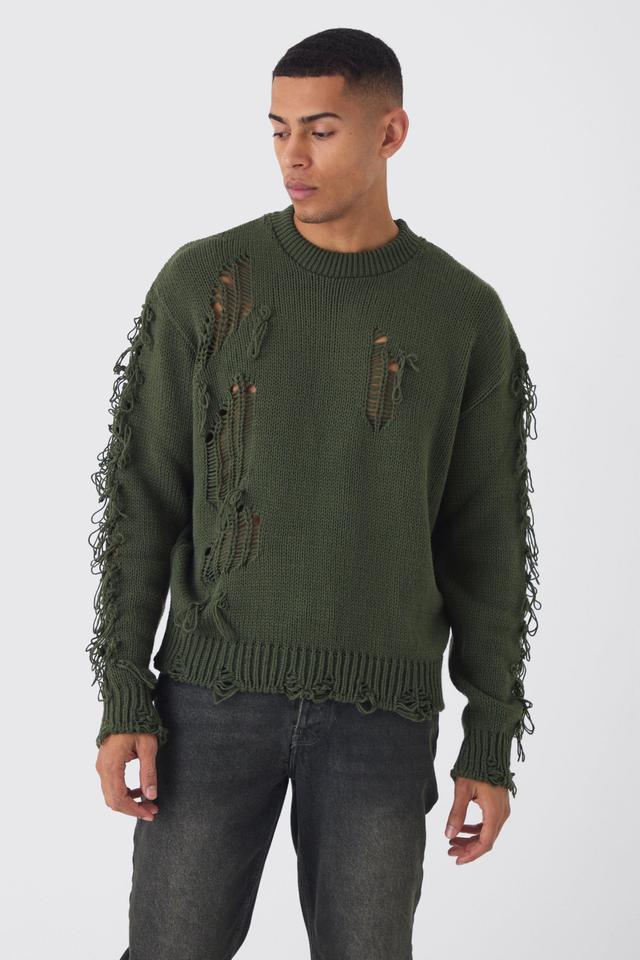 Oversized Distressed Sleeve Knitted Sweater | boohooMAN USA Product Image