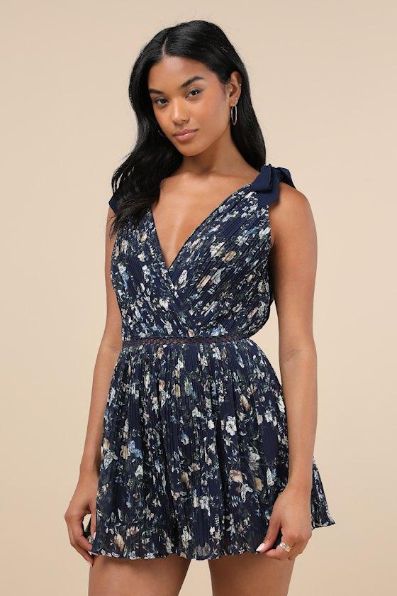 Exceptionally Playful Navy Blue Floral Plisse Sleeveless Romper Product Image