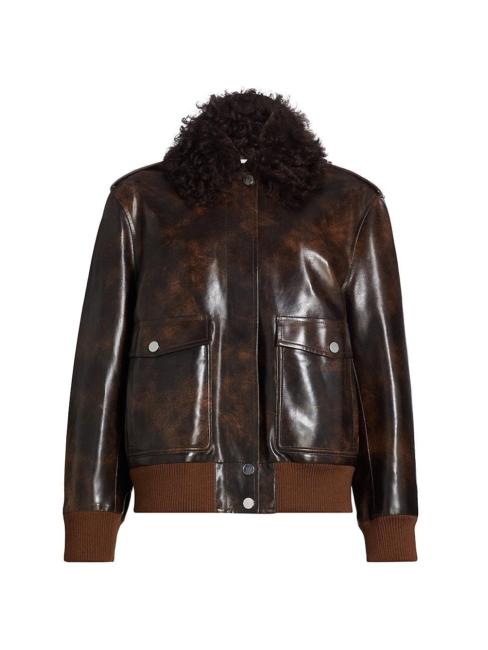 Womens Leather Shearling Collar Bomber Jacket Product Image