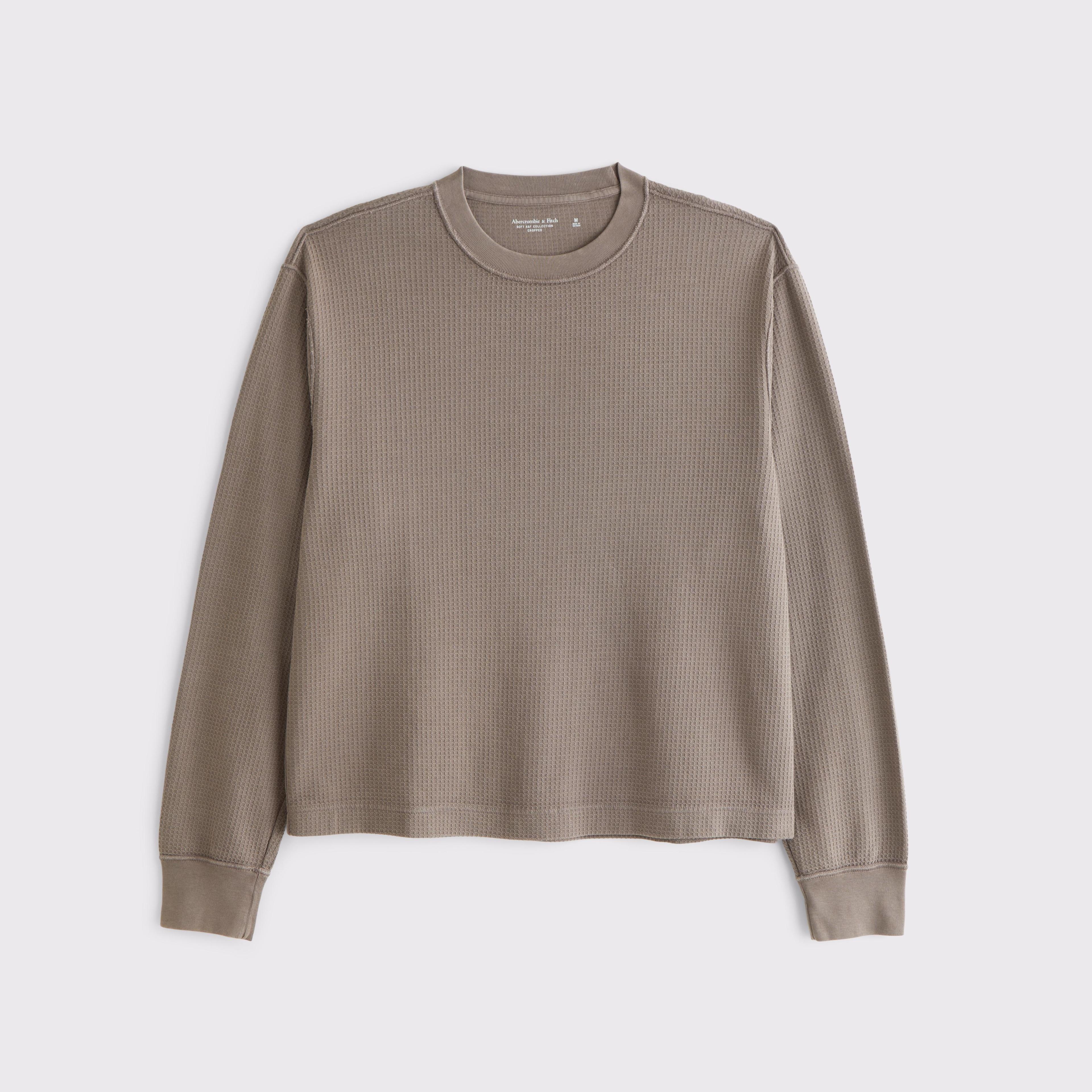 Long-Sleeve Grid Waffle Cropped Tee Product Image