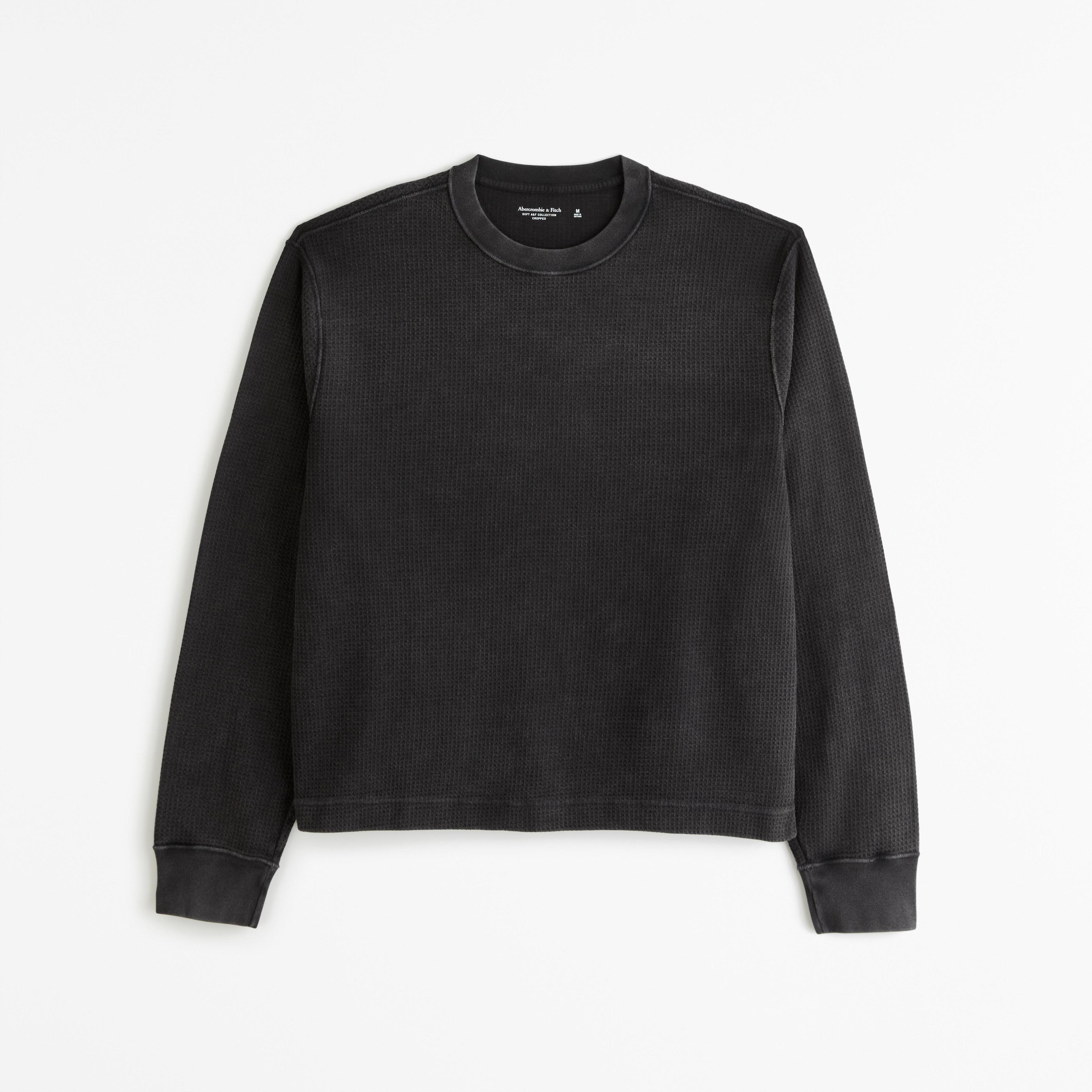 Long-Sleeve Grid Waffle Cropped Tee Product Image