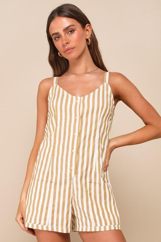 Good Times Light Brown Striped Tie-Back Sleeveless Romper Product Image