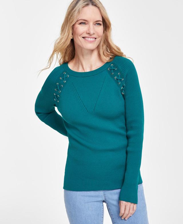 I.n.c. International Concepts Womens Lace-Up Ribbed-Knit Sweater, Created for Macys Product Image