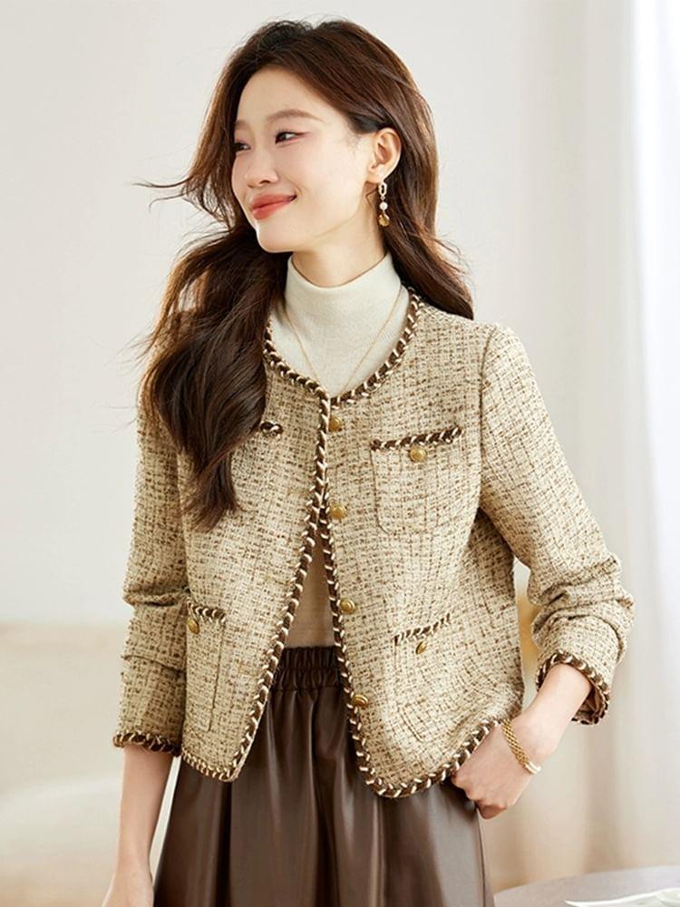 Round Neck Tweed Button Jacket Product Image