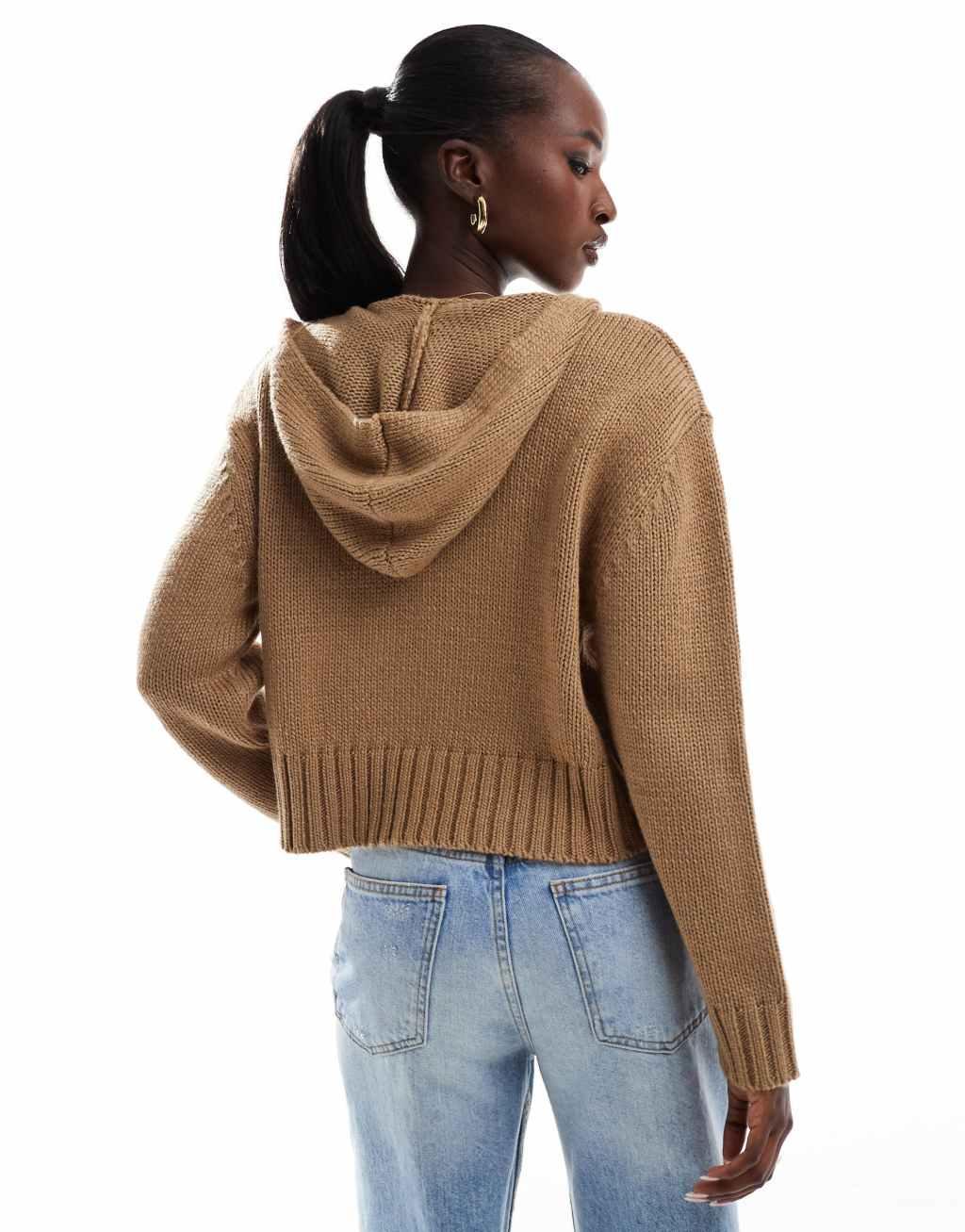 Aria Cove cropped knitted zip through hoodie in camel Product Image