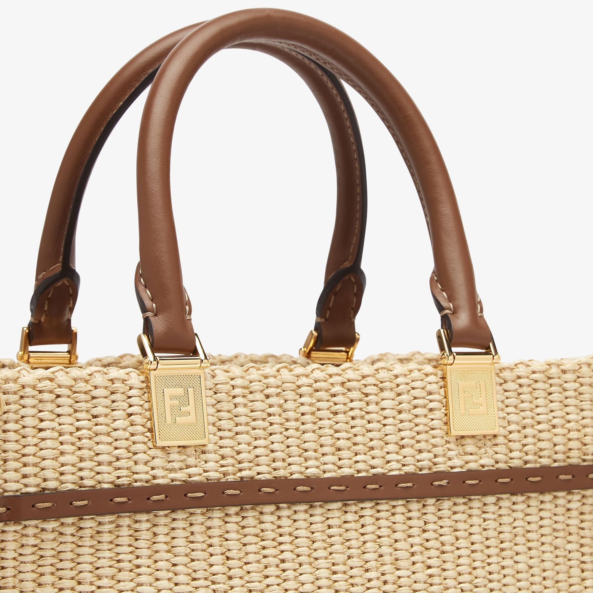 Fendi Sunshine SmallNatural raffia and brown leather shopper Product Image