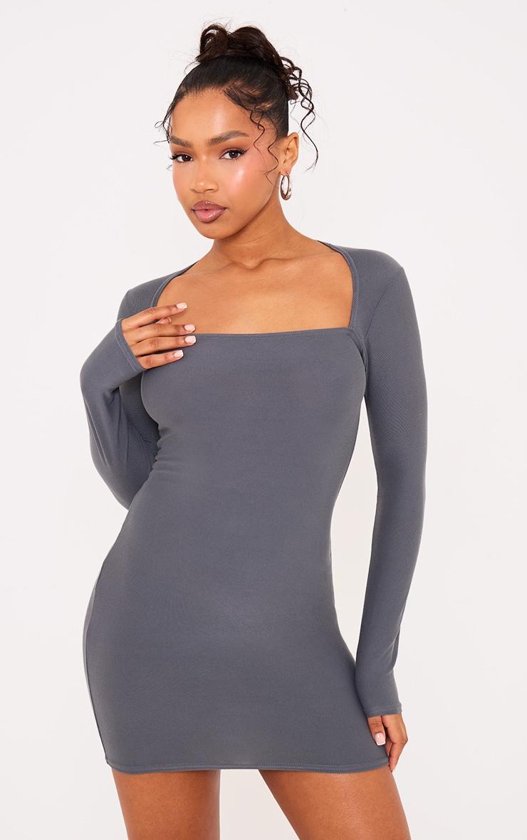 Charcoal Soft Touch Square Neck Long Sleeve Bodycon Dress Product Image