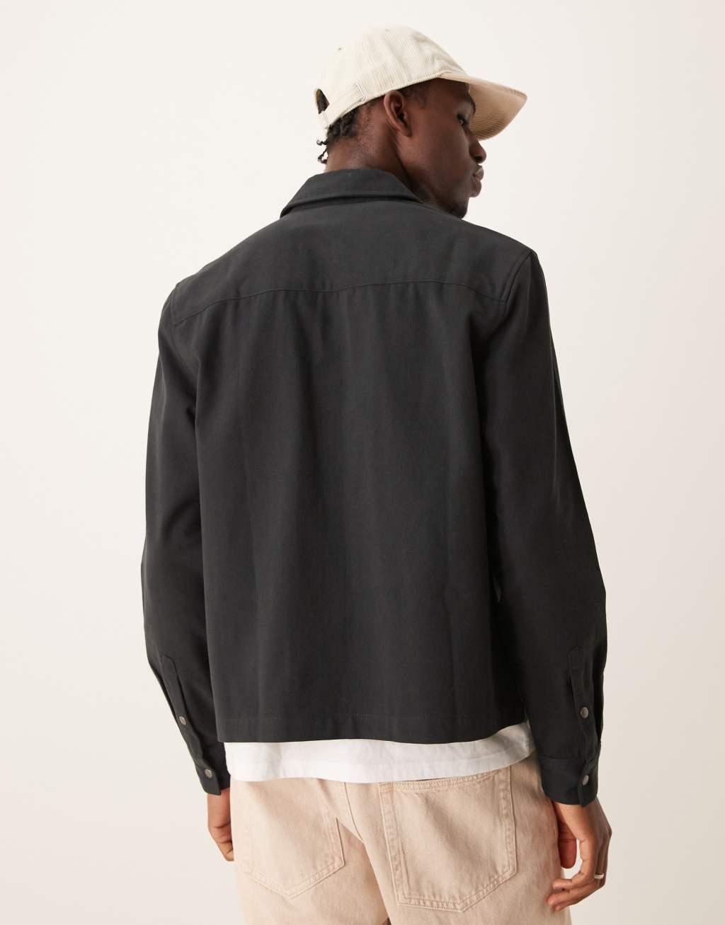 ASOS DESIGN boxy overshirt with front zip in black Product Image