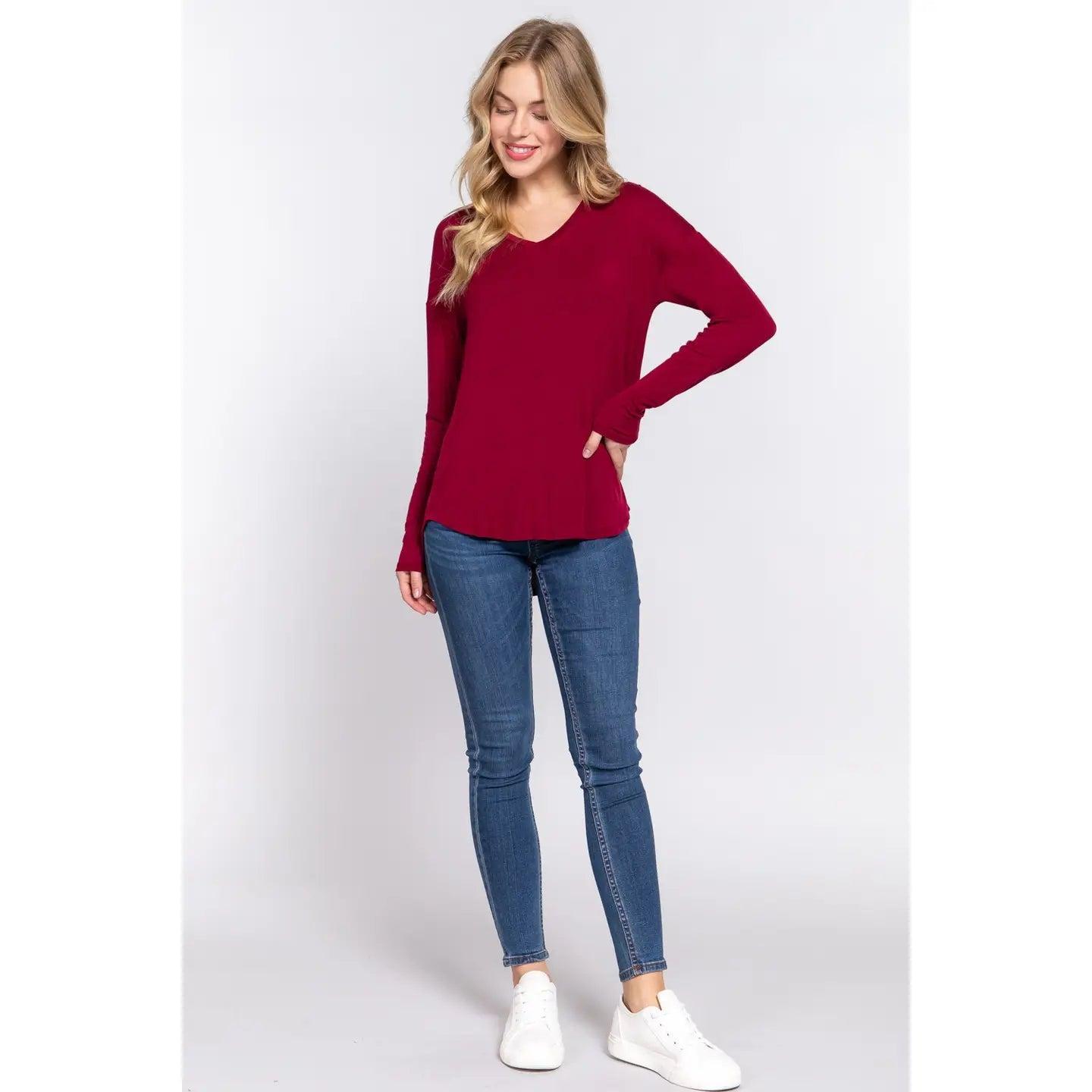 Women's Long Dolman Sleeve V-Neck Rayon Span Jersey Top Female Product Image