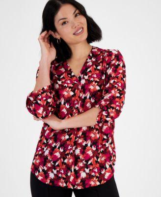 Petite Printed V-Neck Pleat-Front Blouse Product Image