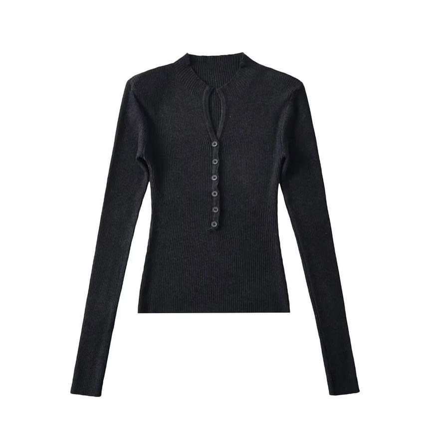 Long-Sleeve Half Buttoned Plain Knit Top Product Image