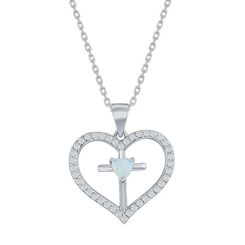 Sterling Silver Opal & Cubic Zirconia Cross Heart Pendant Necklace, Womens White Product Image