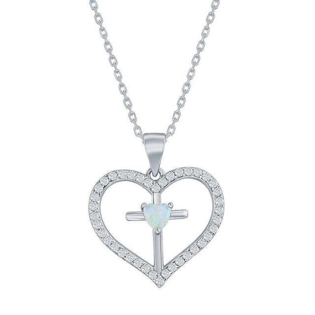 Sterling Silver Opal & Cubic Zirconia Cross Heart Pendant Necklace, Womens White Product Image