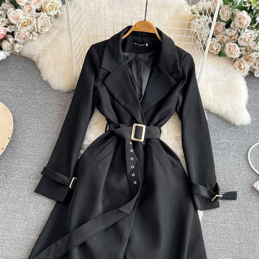 Plain Tie Waist Midi Trench Coat Product Image