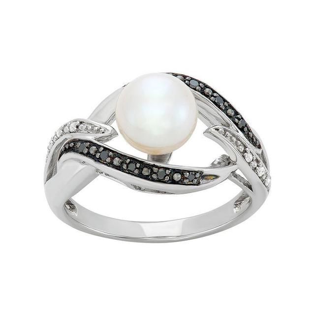 Freshwater Cultured Pearl, and Black and White Diamond Accent Sterling Silver Openwork Ring, Womens Product Image