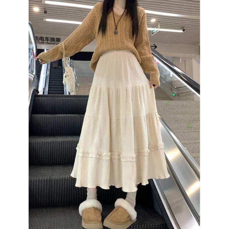 High Rise Plain Frill Trim Corduroy Midi A-Line Skirt Product Image