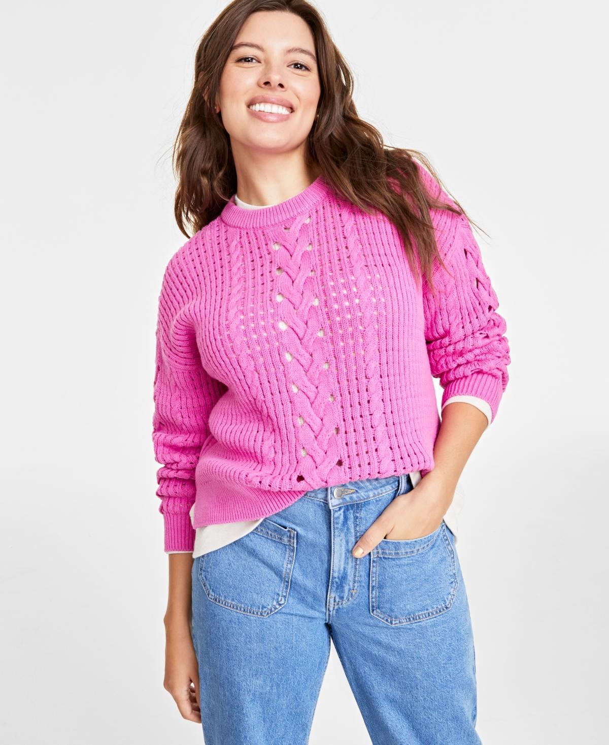 Women's Cable-Knit-Mesh Crewneck Long-Sleeve Sweater, Created for Macy's Product Image