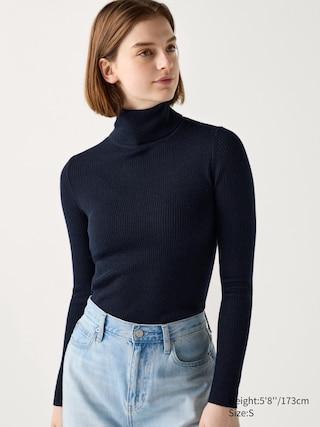 Womens Merino Ribbed Turtleneck Sweater Navy Medium UNIQLO US Product Image