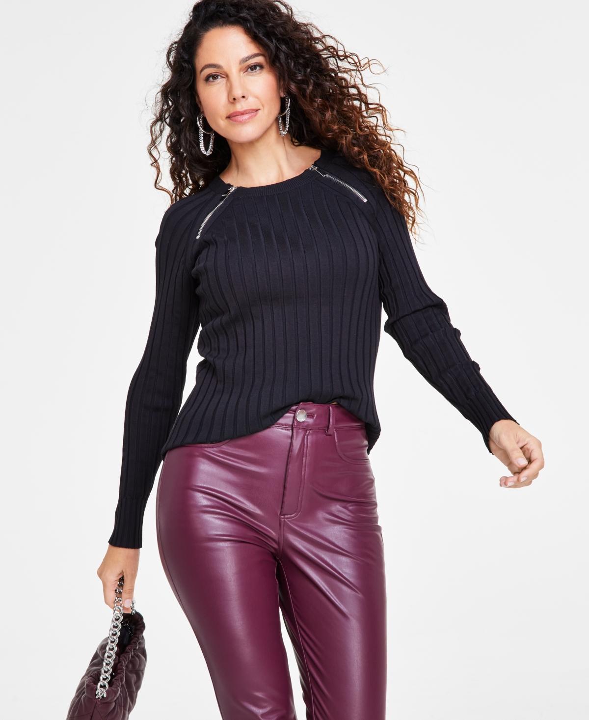 I.n.c. International Concepts Womens Zipper Detail Ribbed Long Sleeve Sweater, Created for Macys Product Image