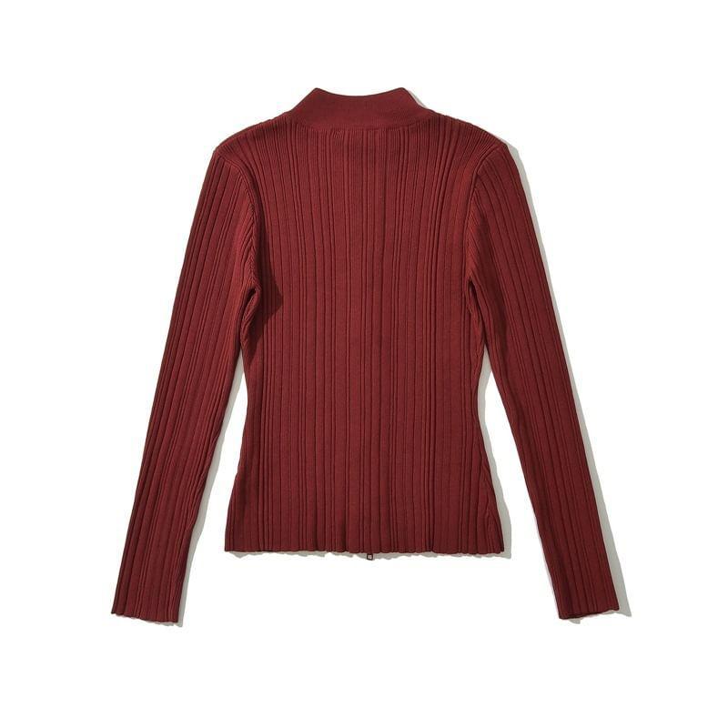 Long-Sleeve Plain Ribbed Zip-Up Knit Top Product Image