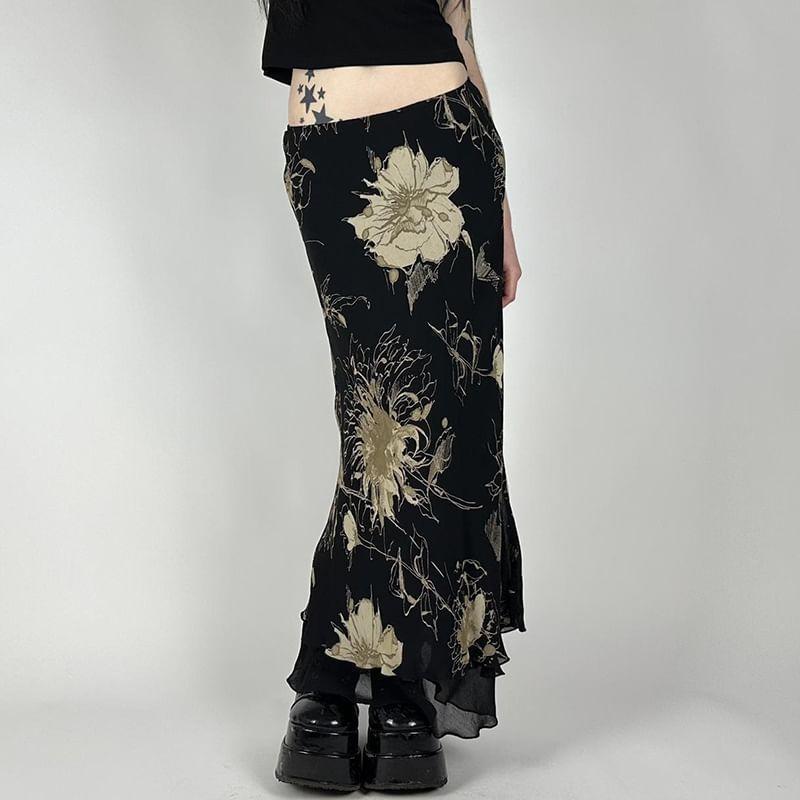 Low Waist Floral Print Mesh Midi Skirt Product Image