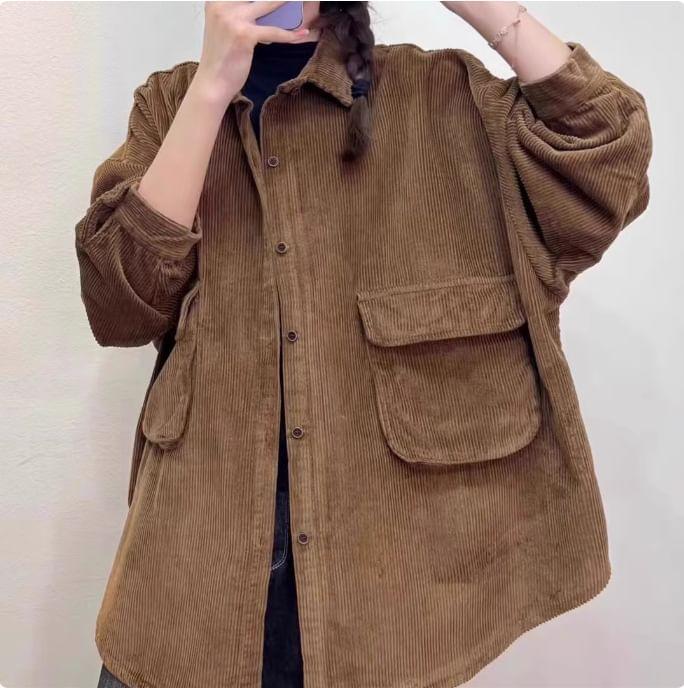 Long-Sleeve Plain Corduroy Oversized Shirt Product Image