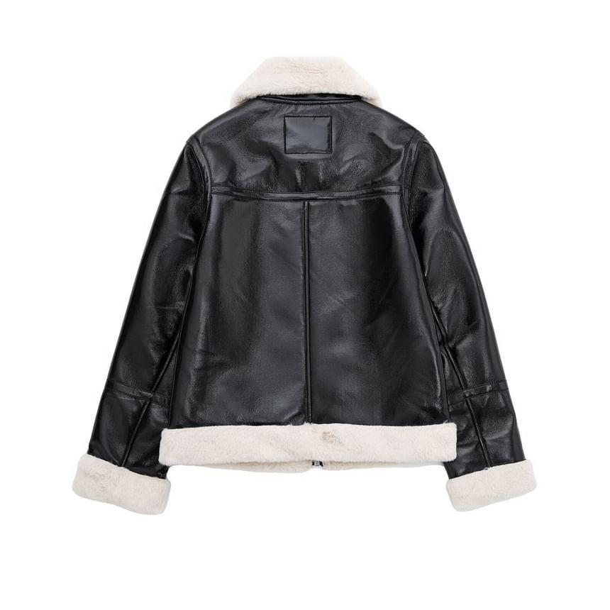 Fleece Collared Faux Leather Zip Jacket Product Image