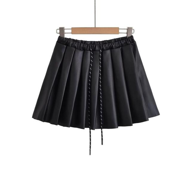 Drawstring Waist Plain Pleated Mini A-Line Skirt Product Image