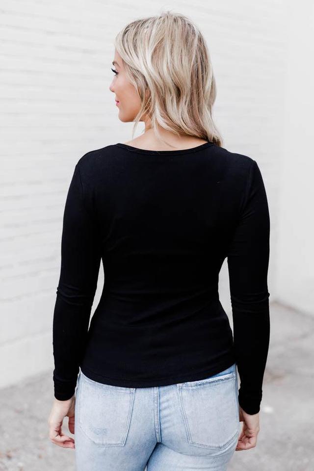 All The Better Black Ribbed Knit Henley Long Sleeve Tee Product Image