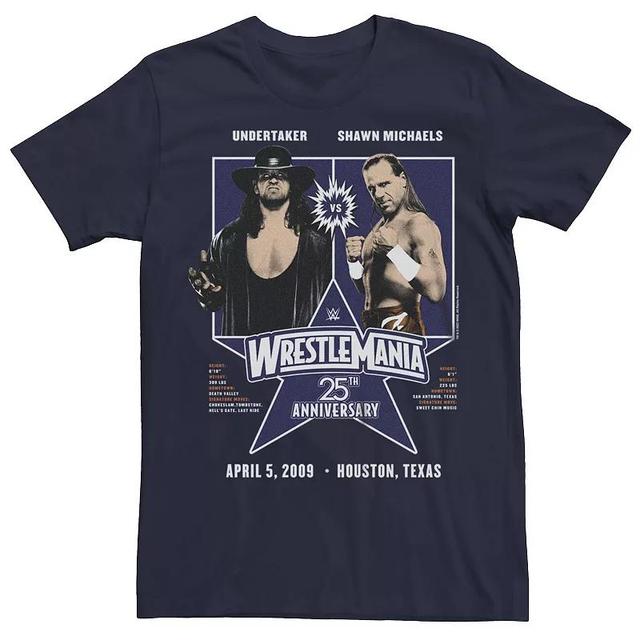 Mens WWE Wrestlemania 25th Undertaker vs Shawn Michaels Retro Poster Graphic Tee Blue Product Image