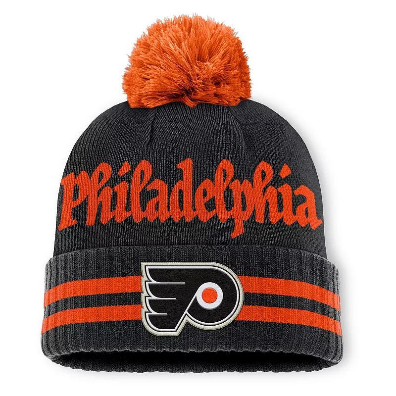 Mens Fanatics Black Philadelphia Flyers Heritage Blind Side Cuffed Knit Hat with Pom Product Image