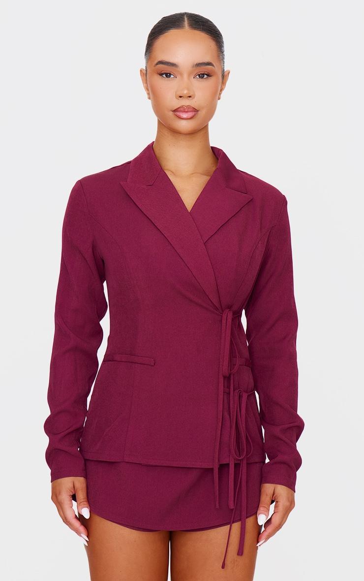 Burgundy Premium Tailored Woven Wrap Front Romper Product Image