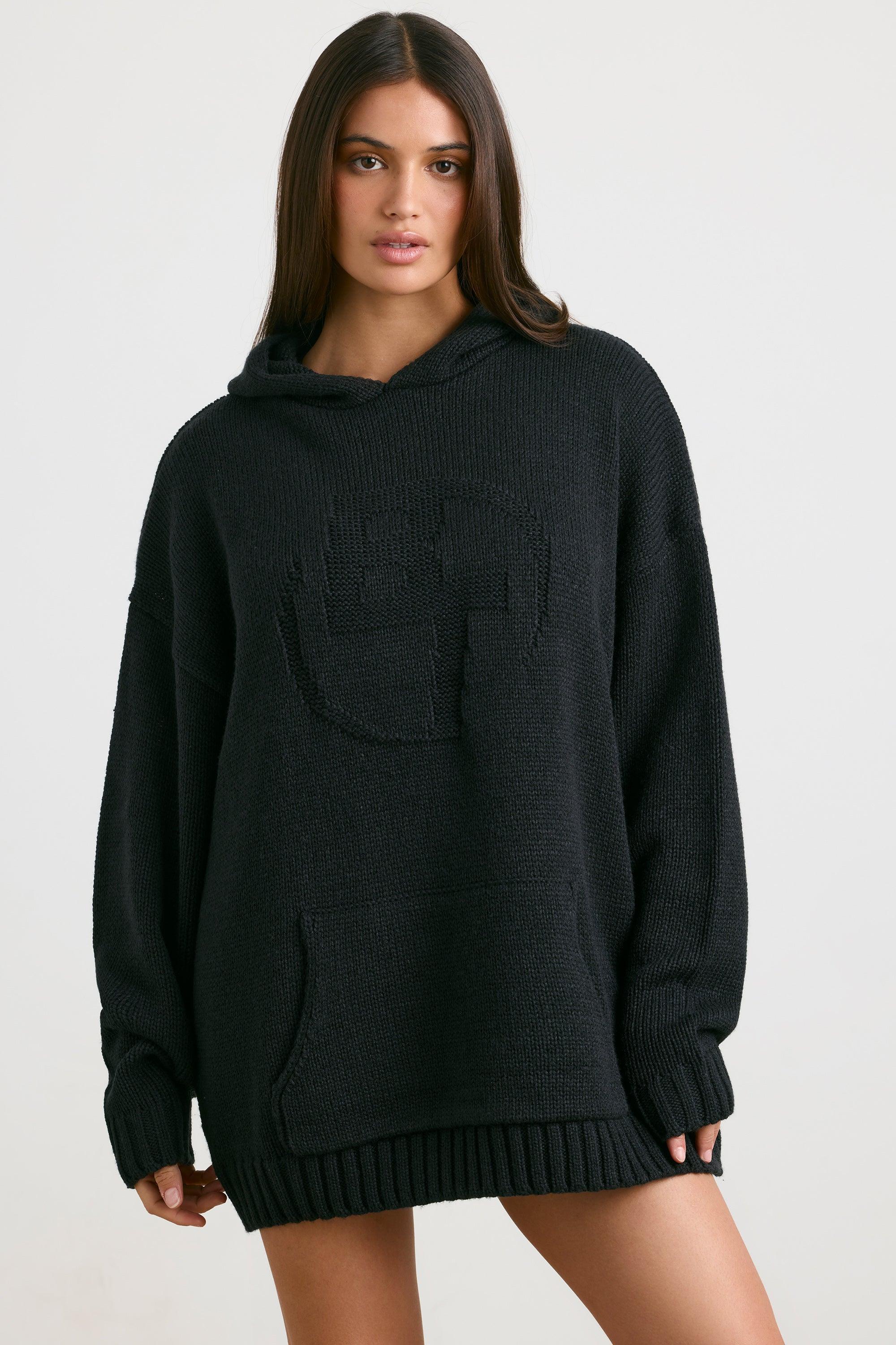 Oversized Chunky Knit Hoodie in Black Product Image