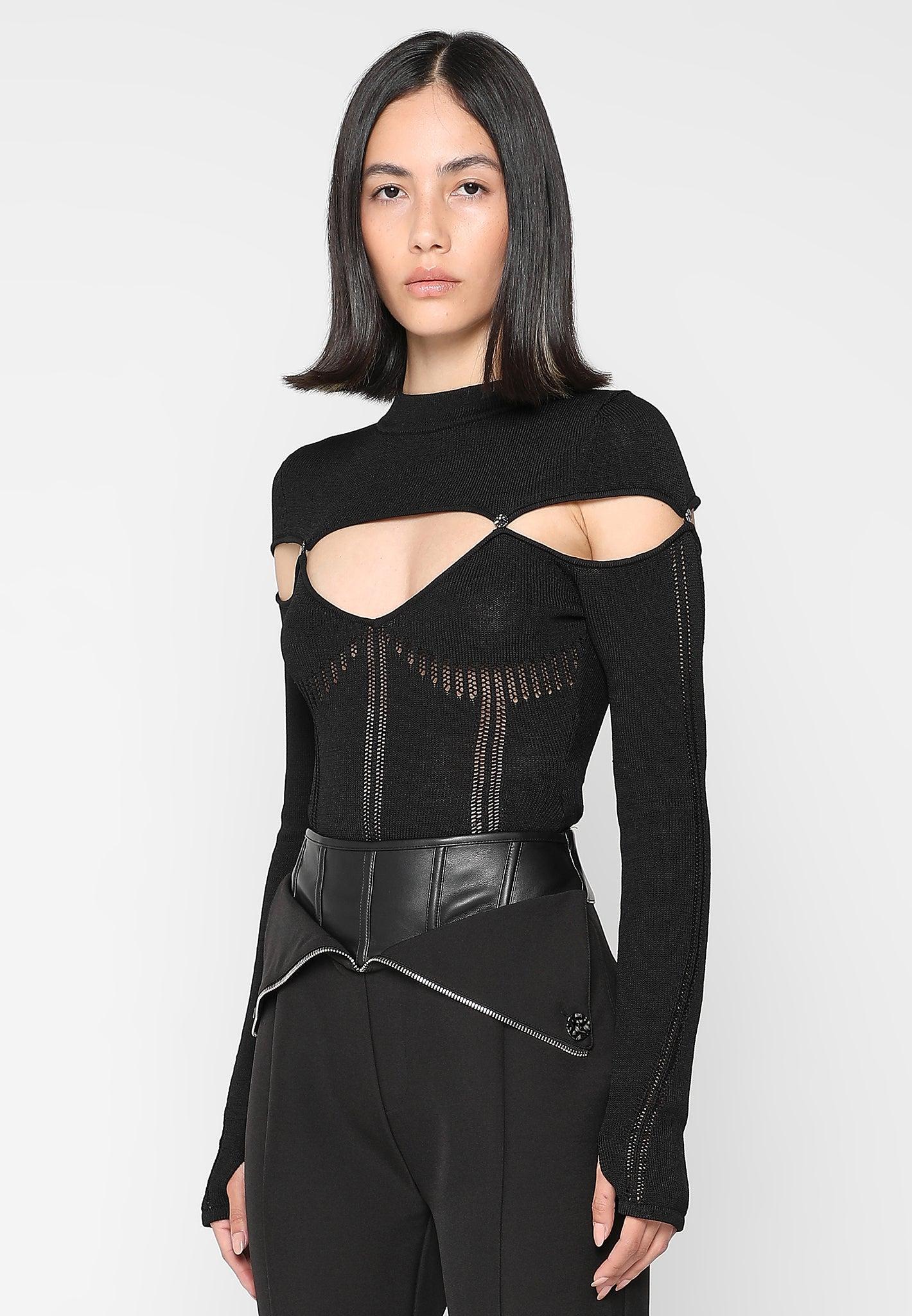 Knitted Cut Out Bodysuit - Black Female Product Image