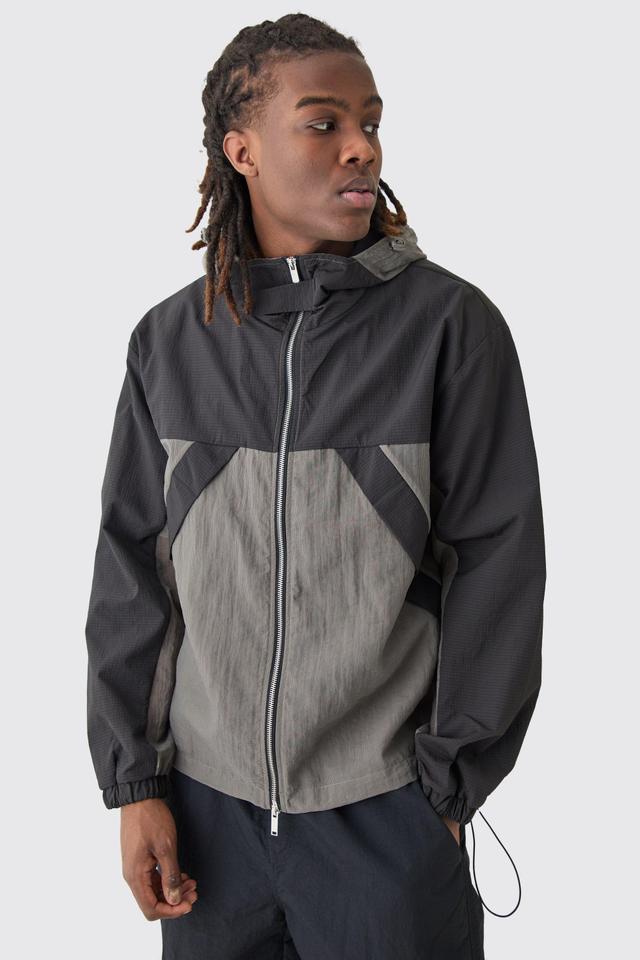 Mens Black Ripstop Colour Block Hooded Windbreaker, Black Product Image