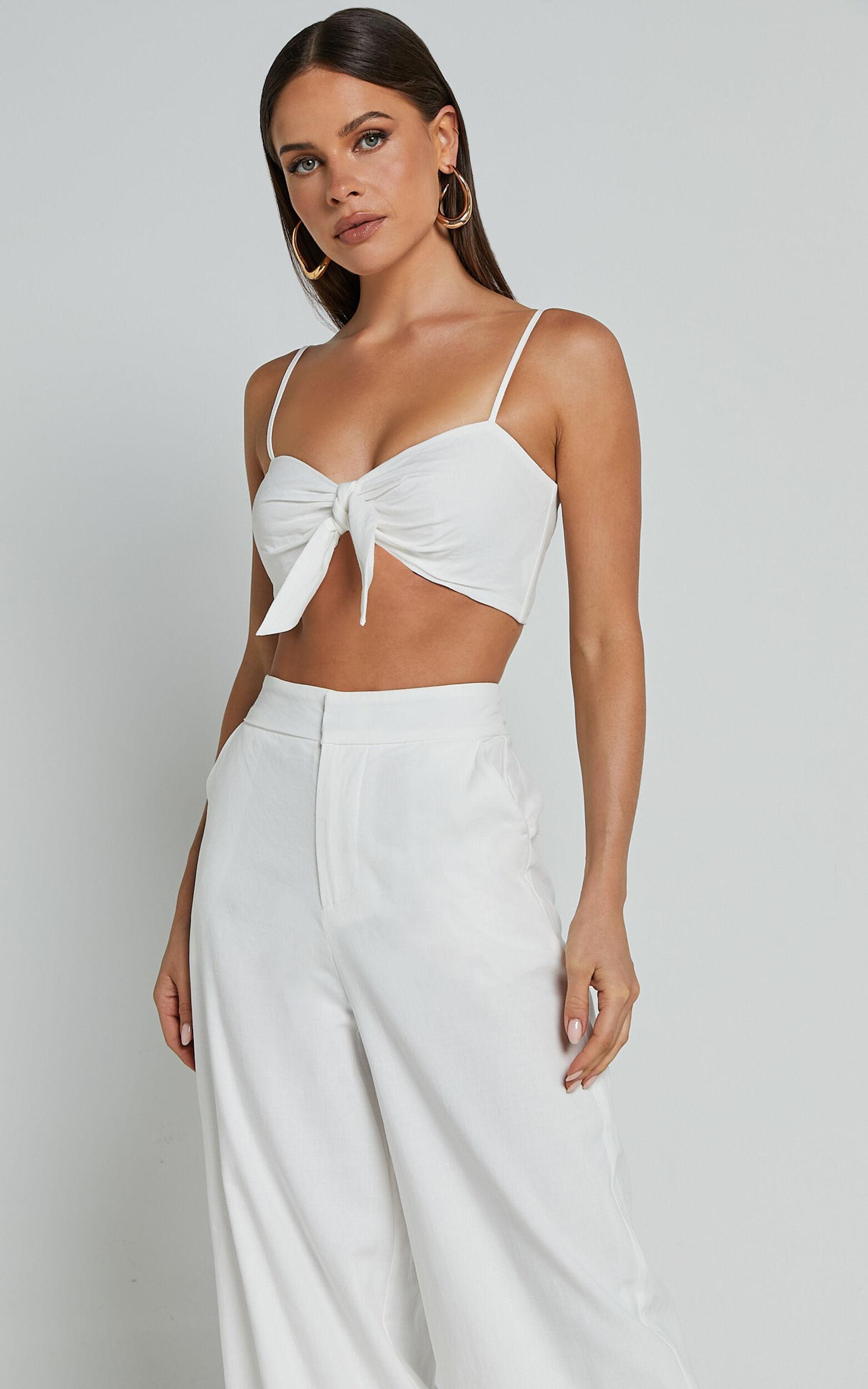 Astria Two Piece Set - Tie Top and High Waisted Wide Leg Pants Set in White Product Image