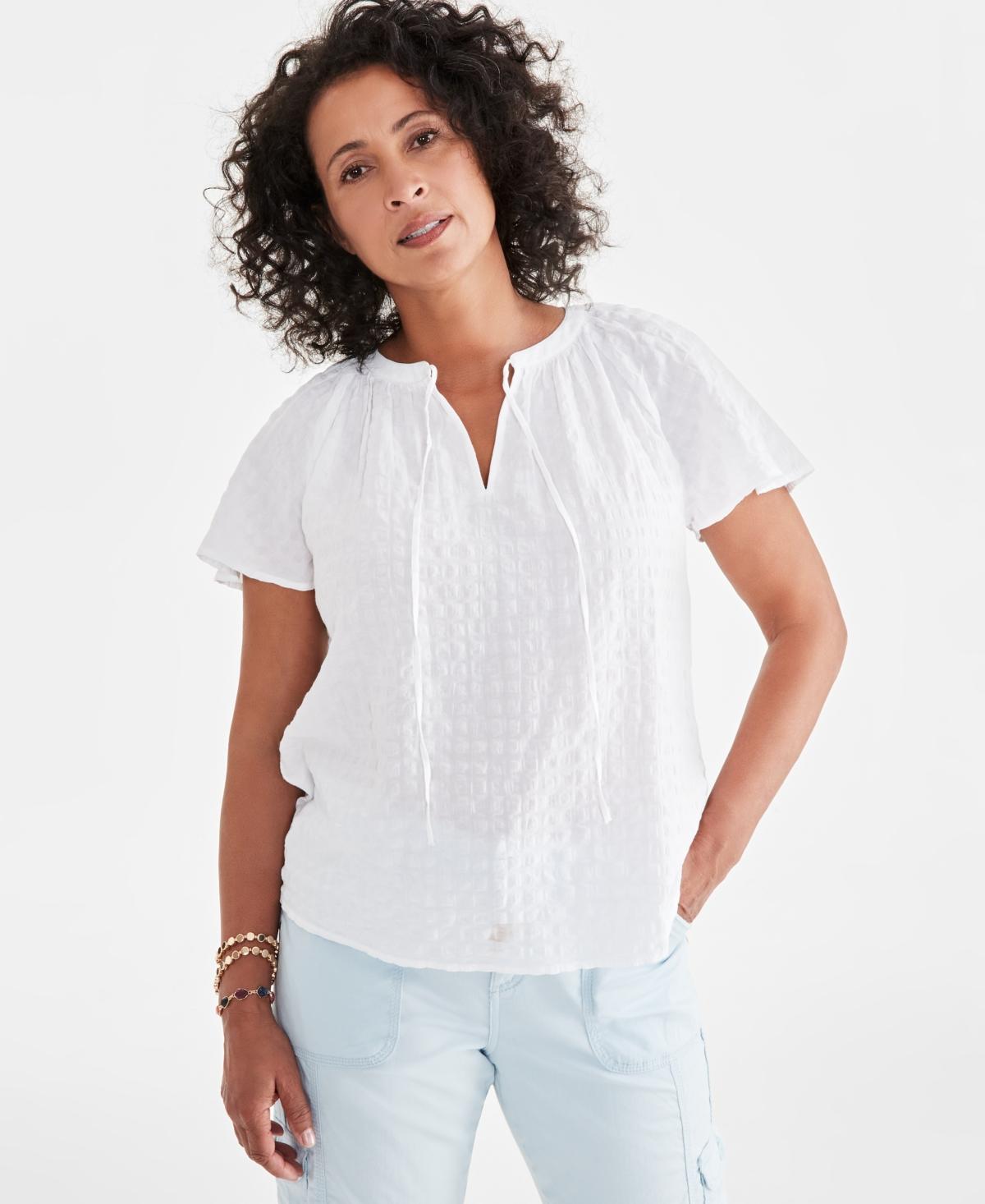 Style & Co Womens Seersucker Split-Neck Flutter Sleeve Top, Created for Macys Product Image