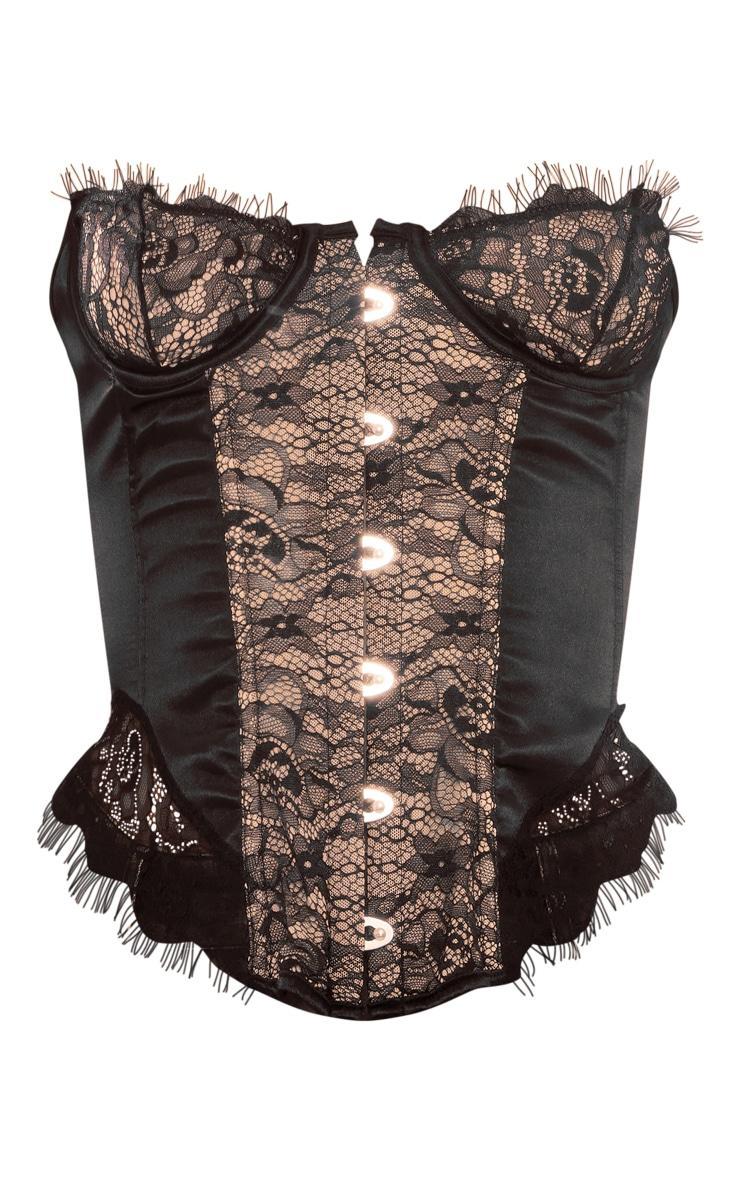 Black Satin Lace Insert Boned Hook And Eye Corset Product Image